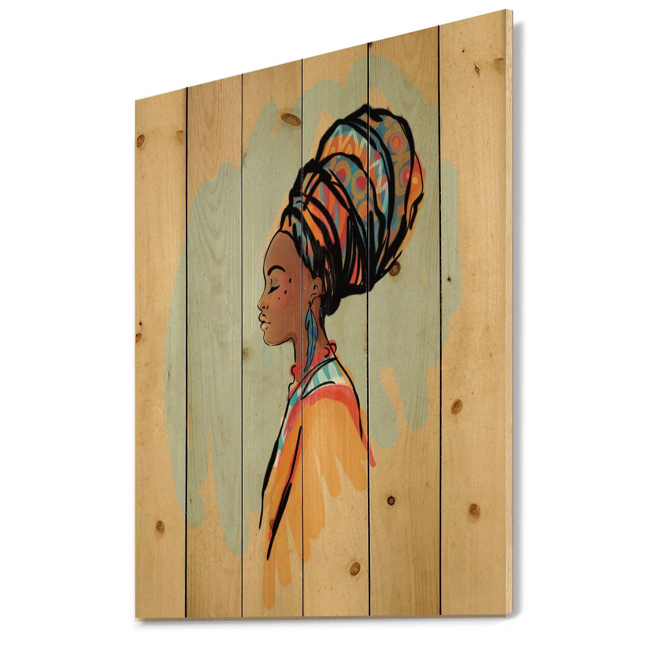 Designart - Portrait of Afro American Woman With Turban II - Modern Print on Natural Pine Wood